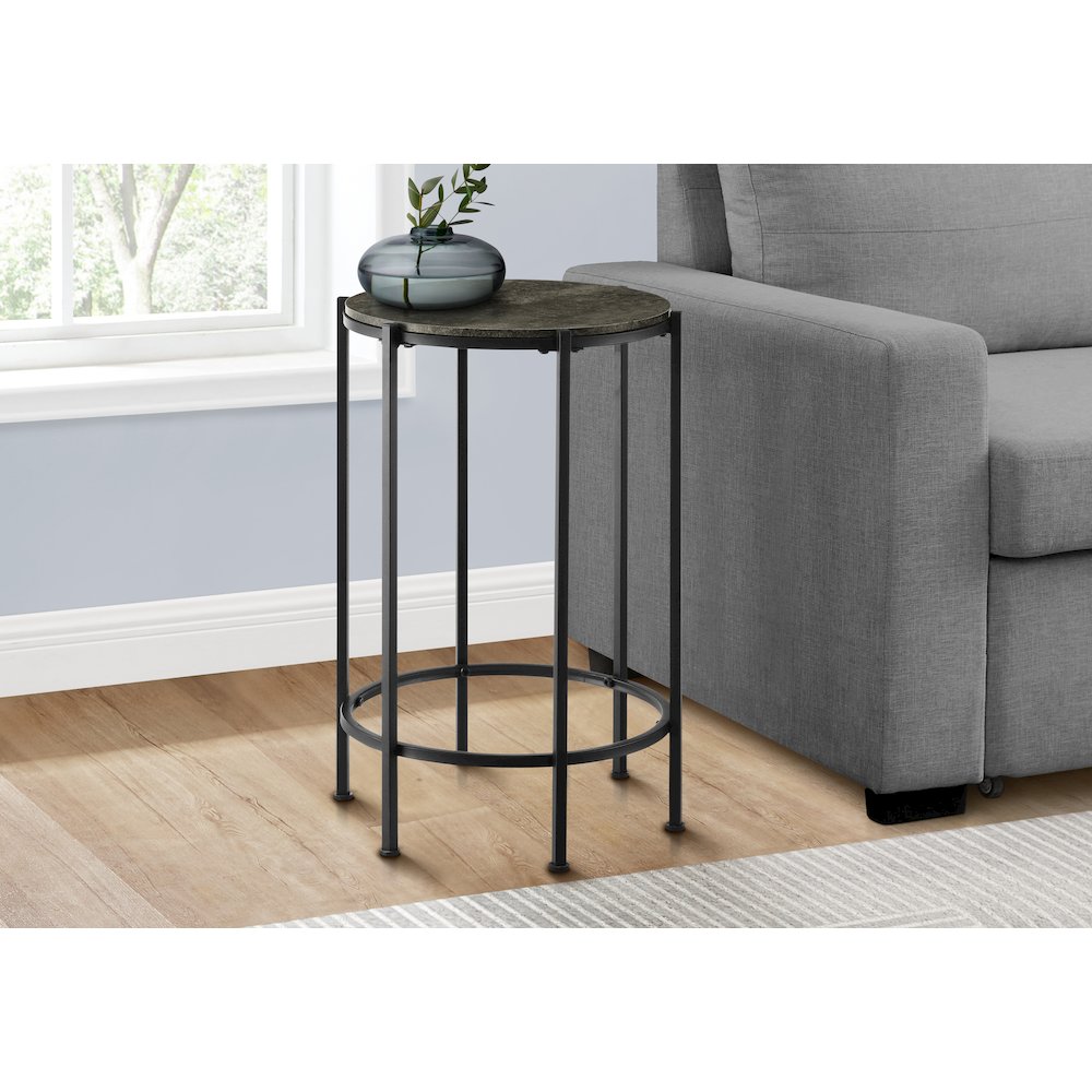 Accent Table, End, Round Dark Bronze Laminate, Black Metal, Contemporary