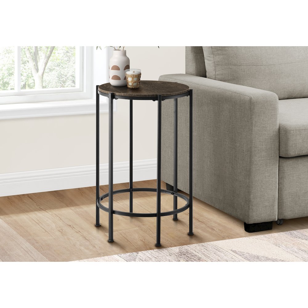 Accent Table, End, Round Dark Oak Laminate, Black Metal, Contemporary