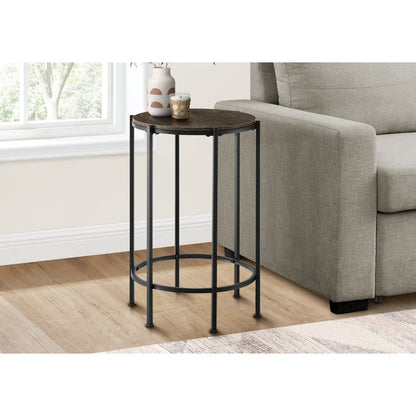 Accent Table, End, Round Dark Oak Laminate, Black Metal, Contemporary