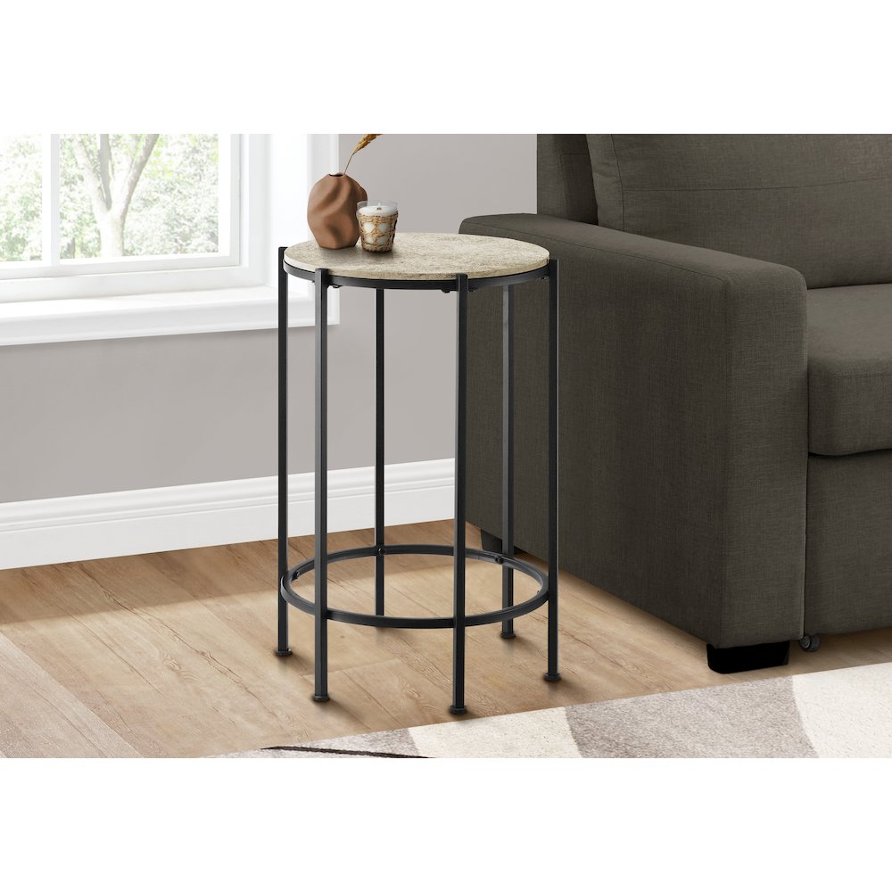 Accent Table, End, Round Cream Stone Laminate, Black Metal, Contemporary