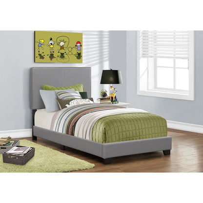 Bed, Twin Size, Bedroom, Upholstered, Grey Leather Look, Transitional