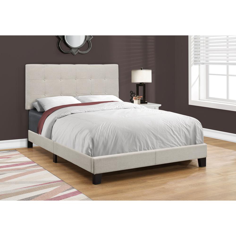 Bed, Full Size, Bedroom, Upholstered, Beige Linen Look, Black Wood Legs