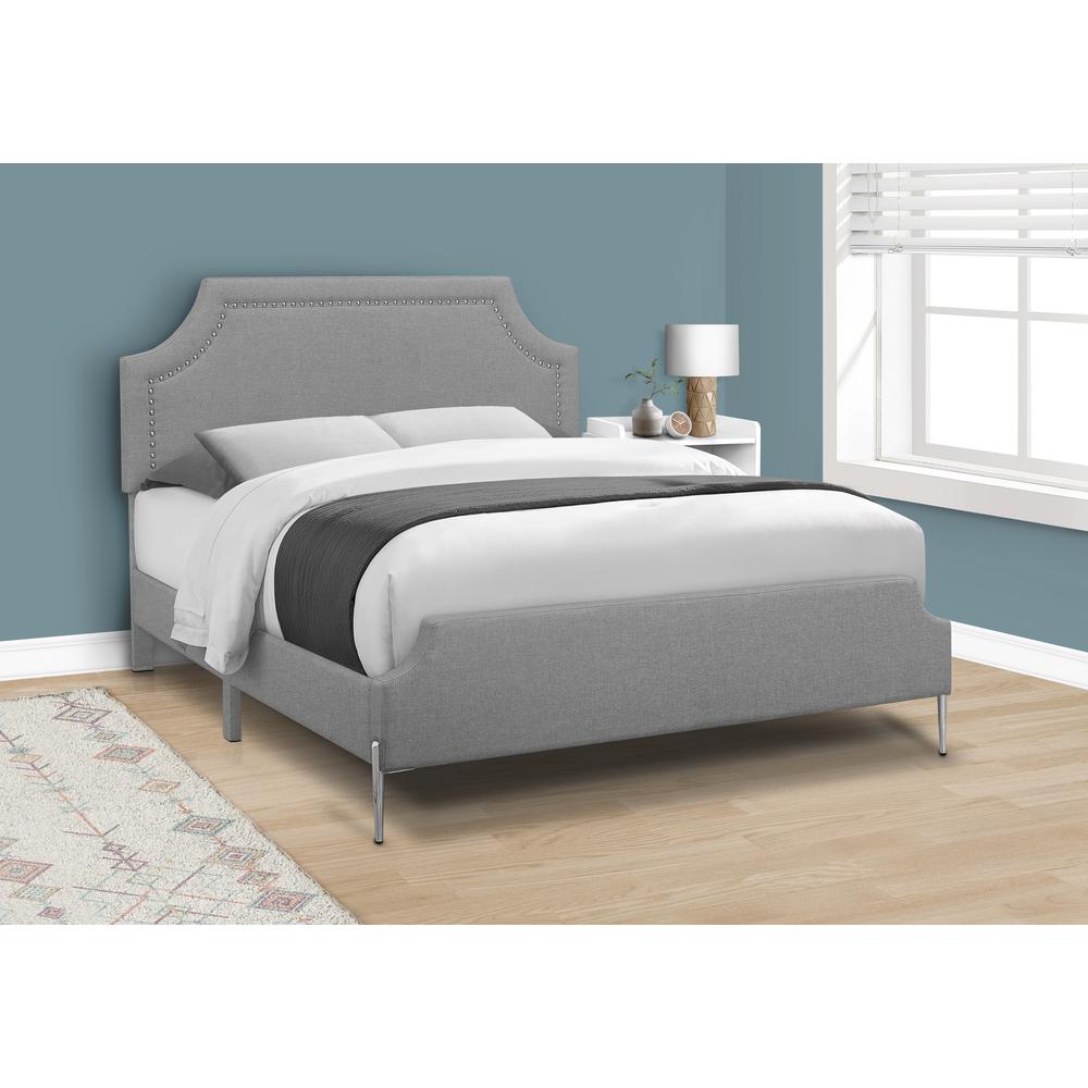 Bed, Queen Size, Bedroom, Upholstered, Grey Linen Look, Chrome