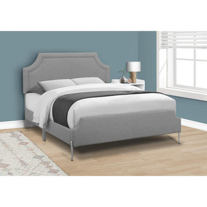 Bed, Queen Size, Bedroom, Upholstered, Grey Linen Look, Chrome