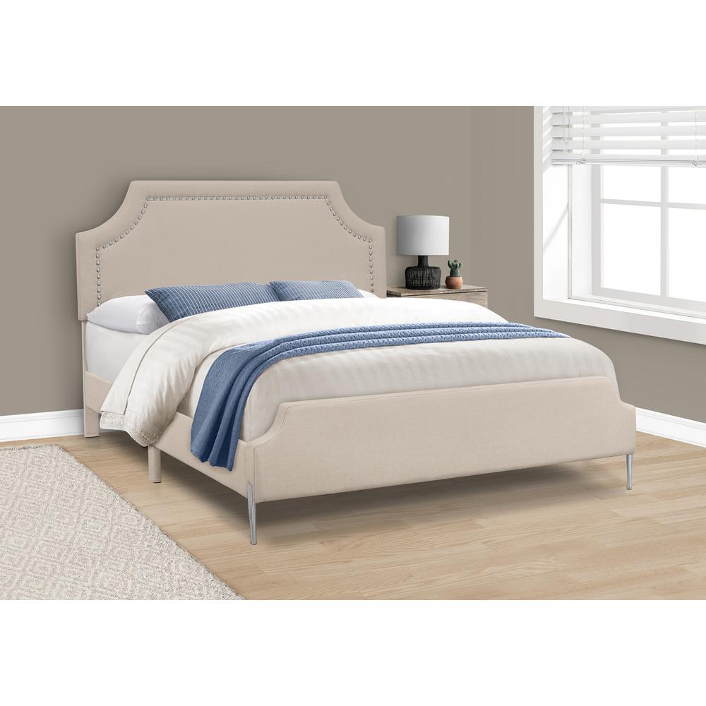 Bed, Queen Size, Bedroom, Upholstered, Beige Linen Look, Chrome