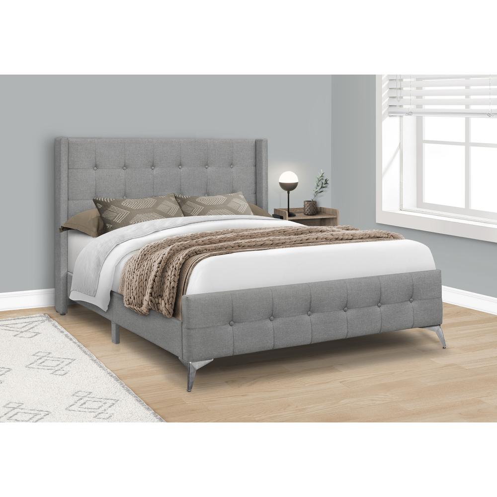 Bed, Queen Size, Bedroom, Upholstered, Grey Linen Look, Chrome Metal Legs