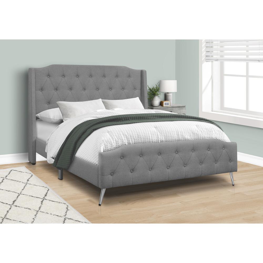 Bed, Queen Size, Bedroom, Upholstered, Grey Linen Look, Chrome