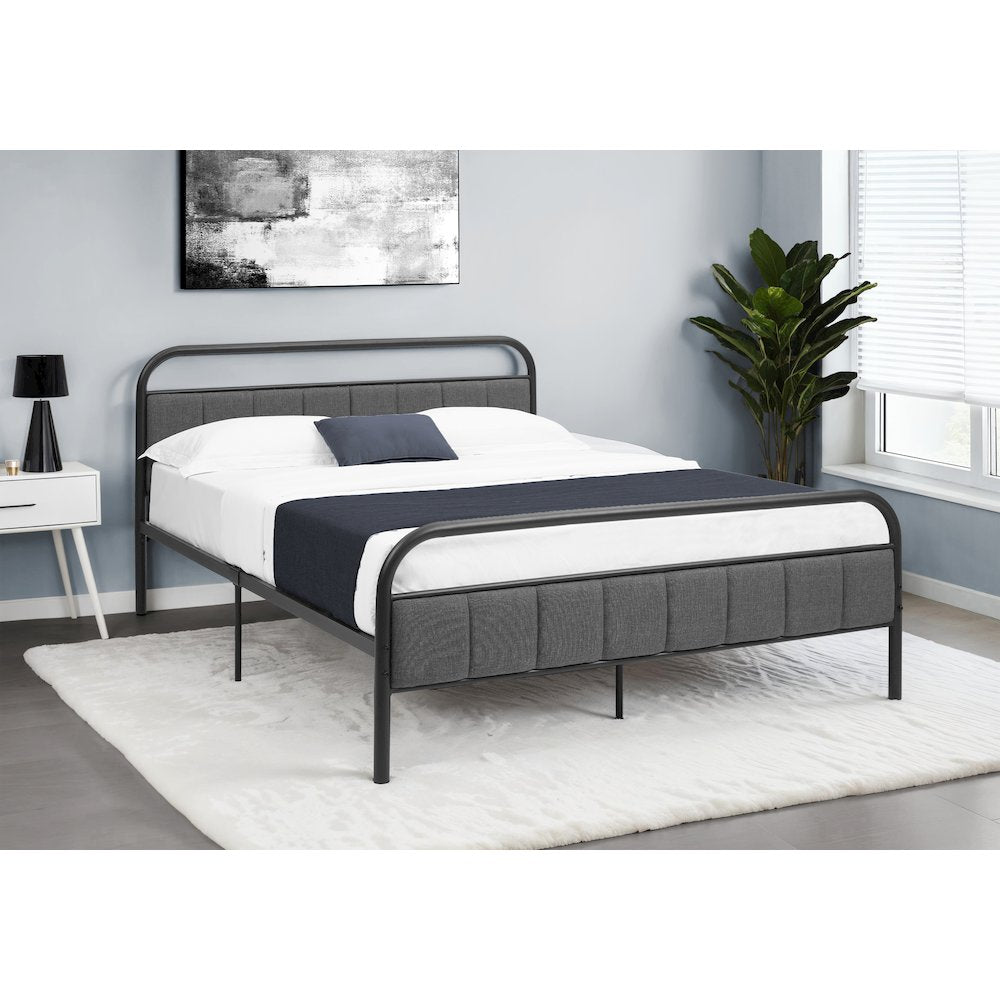 Platform Bed, Queen Size, Grey Linen Look, Black Metal, Contemporary