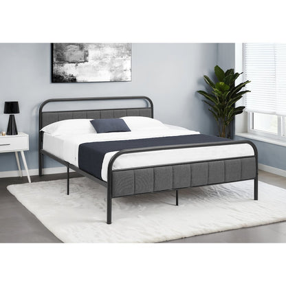 Platform Bed, Queen Size, Grey Linen Look, Black Metal, Contemporary