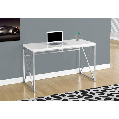 Computer Desk, Home Office, Laptop, Work, Glossy White Laminate, Chrome