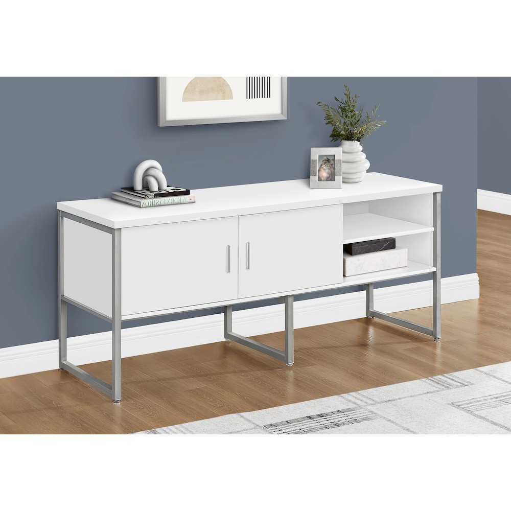 Contemporary Office Credenza in White,Silver color