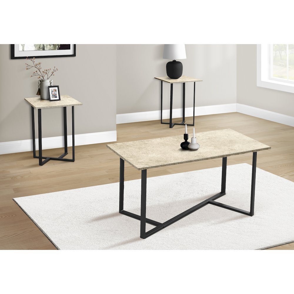 Table Set, 3pcs Set, Coffee, End, Cream Stone Laminate, Black Metal