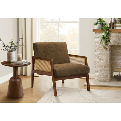 Accent Chair, 30""H, Upholstered, Brown Fabric, Brown Walnut Solid Wood