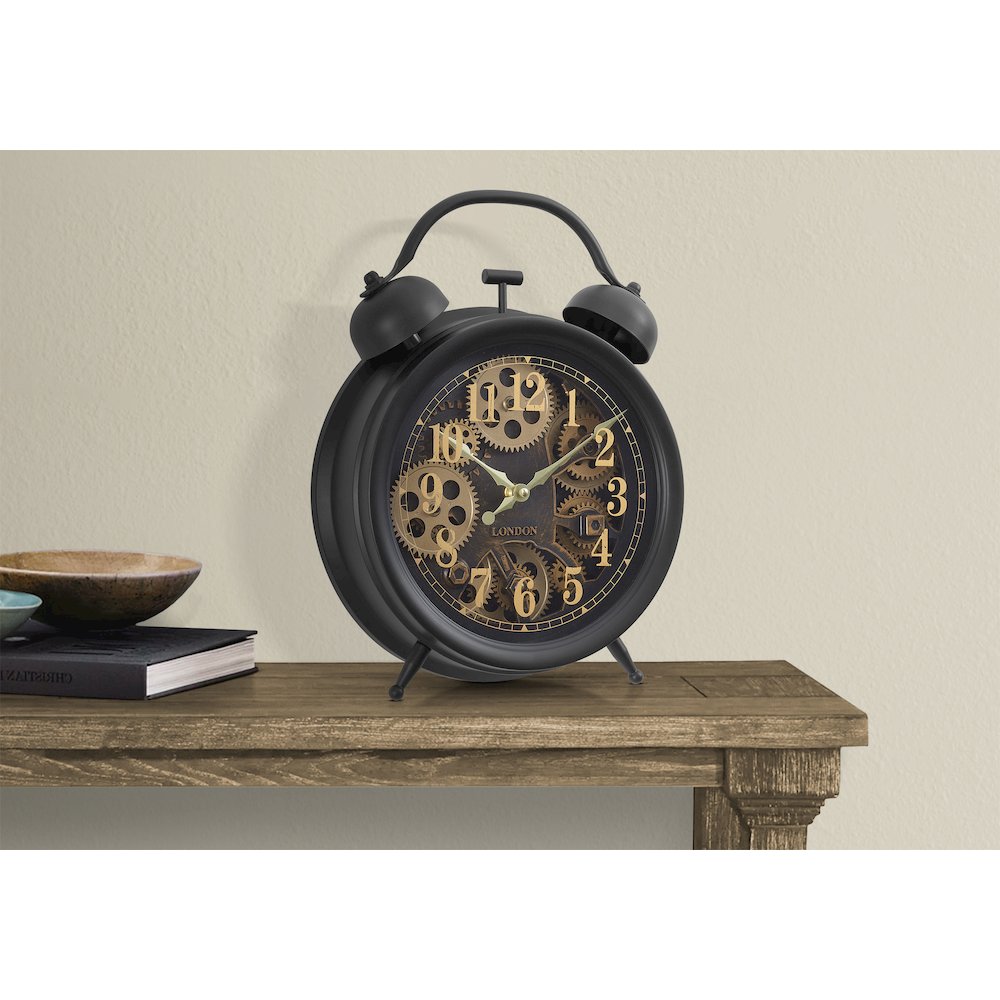 Clocks, 12"" Round, Gear Mechanism, Table Clock, Brown, Transitional