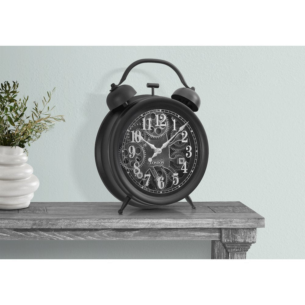 Clocks, 12"" Round, Gear Mechanism, Table Clock, Black, Transitional