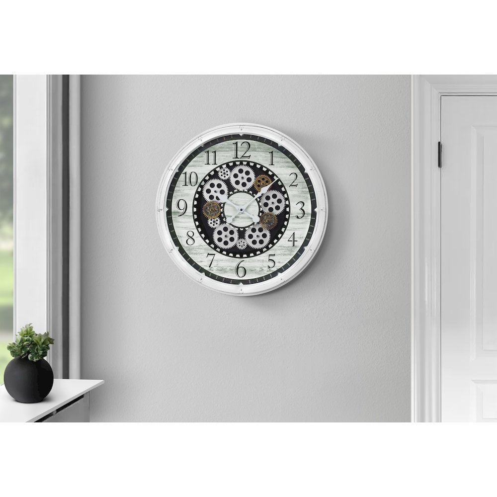 Clocks, 20"" Round, Gear Mechanism, Wall Clock, Antique White, Transitional