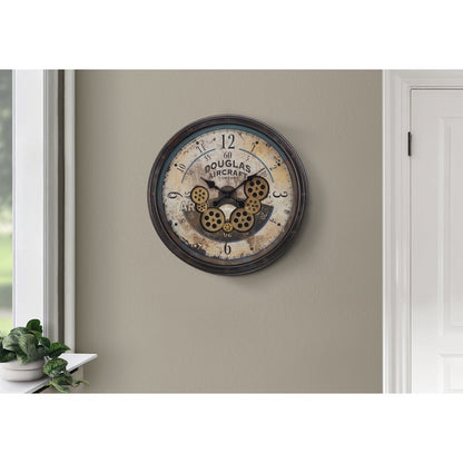 Clocks, 20"" Round, Gear Mechanism, Wall Clock, Brown, Transitional