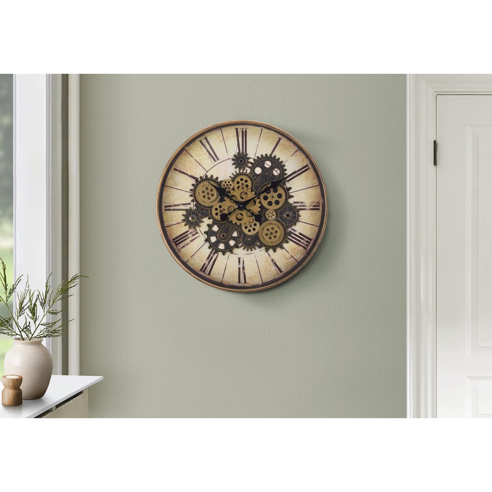 Clocks, 20"" Round, Gear Mechanism, Wall Clock, Brown, Transitional