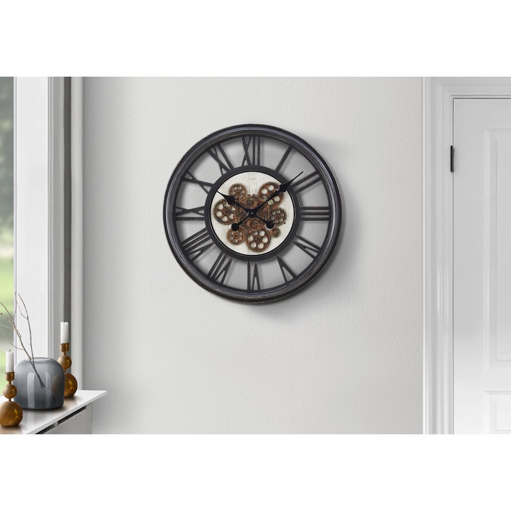 Clocks, 20"" Round, Gear Mechanism, Wall Clock, Black, Transitional