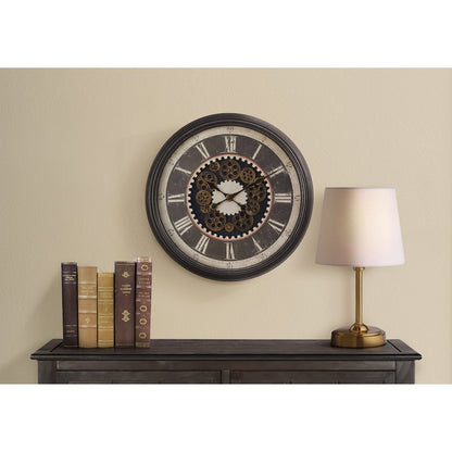 Clocks, 23"" Round, Gear Mechanism, Wall Clock, Brown, Transitional