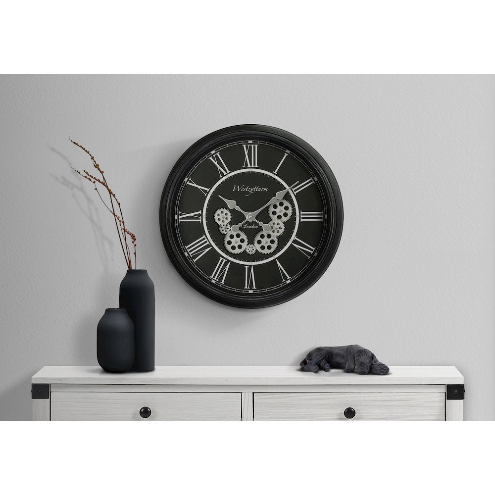 Clocks, 23"" Round, Gear Mechanism, Wall Clock, Black, Transitional