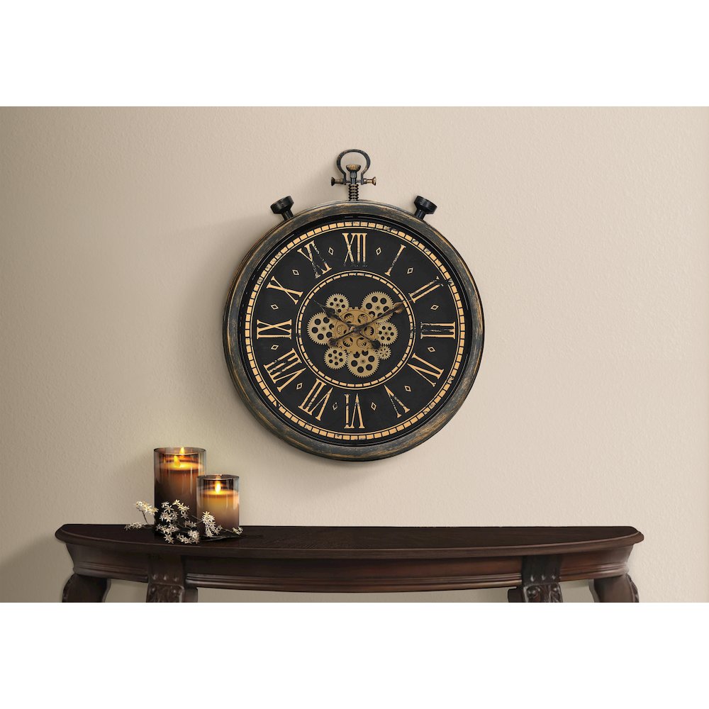 Clocks, 24"" Round, Gear Mechanism, Wall Clock, Brown, Transitional