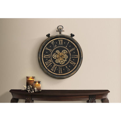 Clocks, 24"" Round, Gear Mechanism, Wall Clock, Brown, Transitional