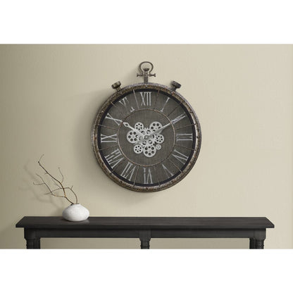 Clocks, 24"" Round, Gear Mechanism, Wall Clock, Grey, Transitional