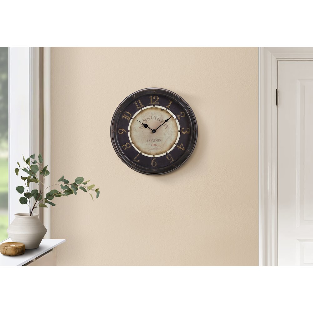 Clocks, 16"" Round, Wall Clock, Antique Brown, Transitional