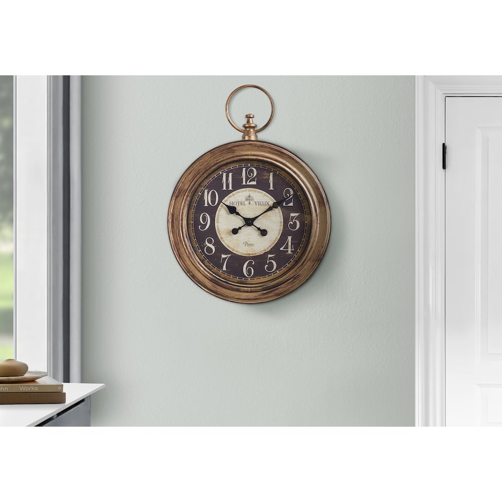Clocks, 18"" Round, Wall Clock, Antique Brown, Traditional