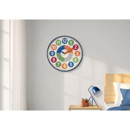 Clocks, 18"" Round, Juvenile, Wall Clock, Multi-colored Face, Blue Frame