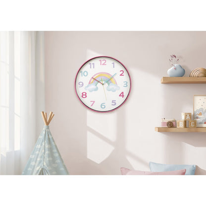 Clocks, 18"" Round, Juvenile, Wall Clock, Multi-colored Face, Pink Frame