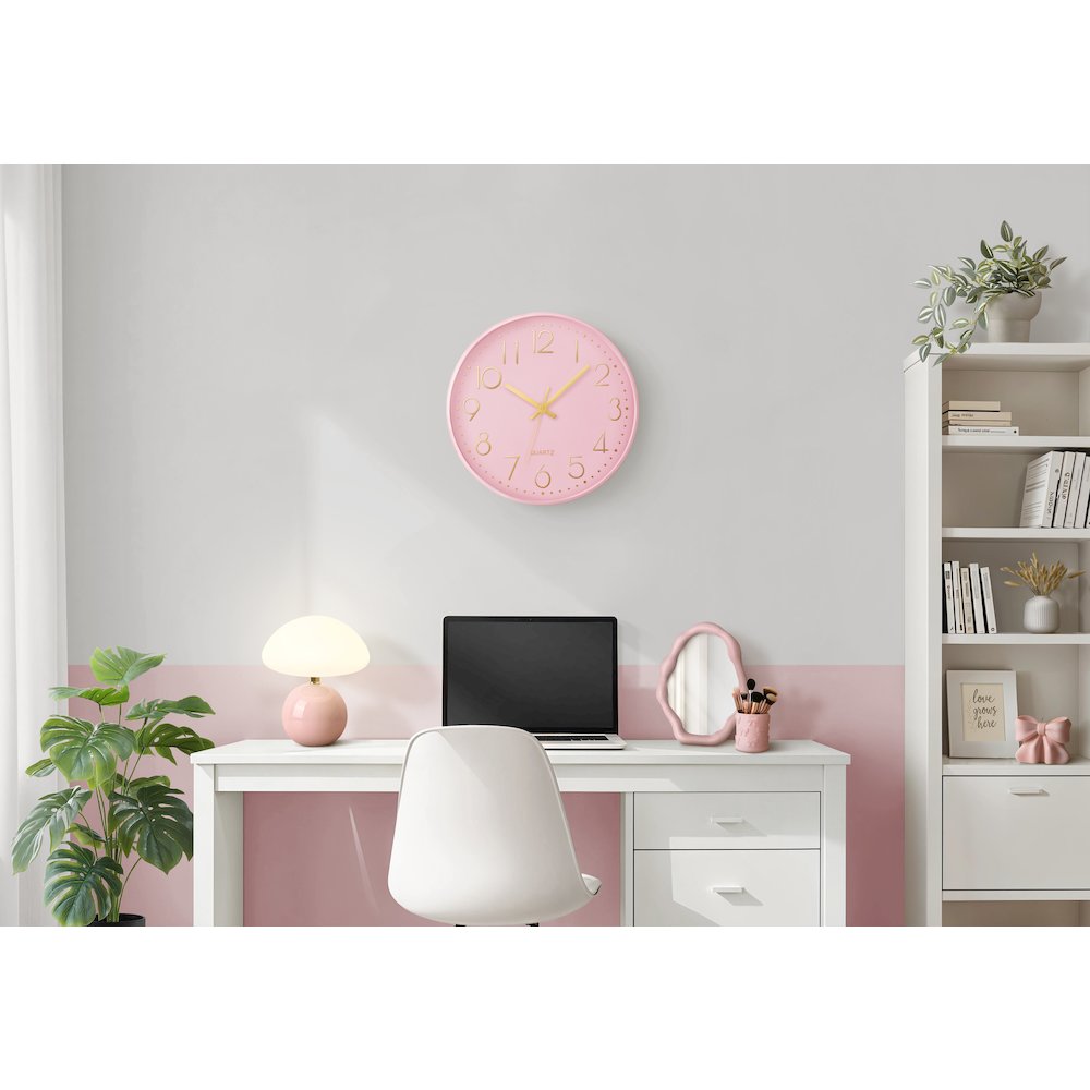 Clocks, 12"" Round, Wall Clock, Pink Face, Pink Frame, Contemporary, Modern