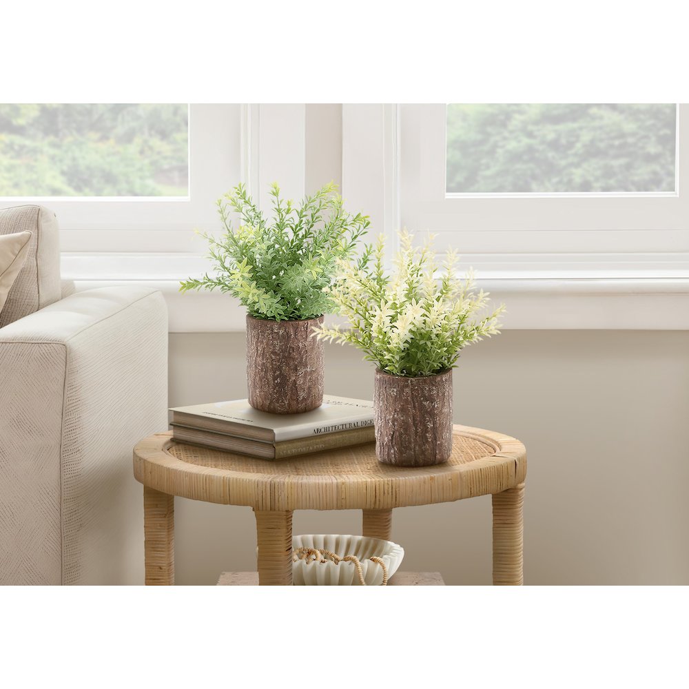 Artificial Plant, Set Of 2, 12"" Tall, Mullberry Grass, Table, Brown Cement Pots