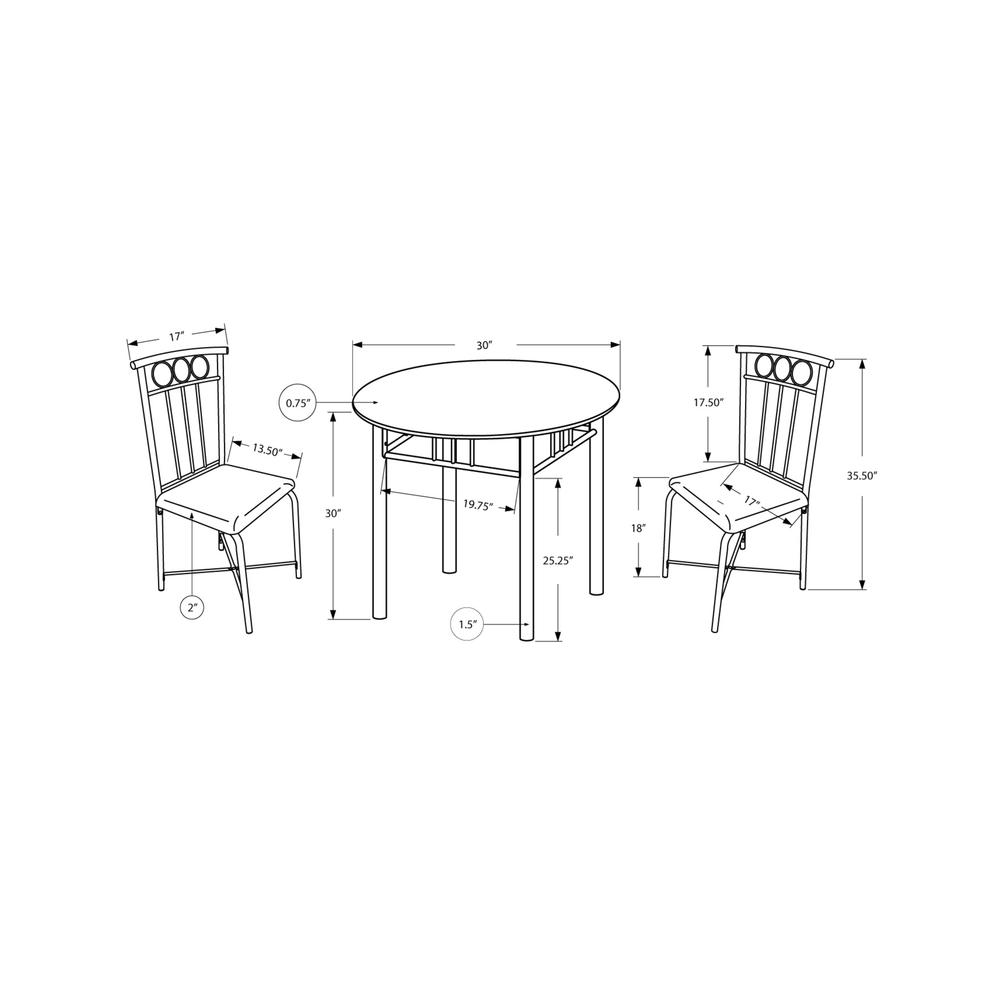 Dining Table Set, 3pcs Set, Small, 30 Round, Kitchen, Black Metal And Laminate