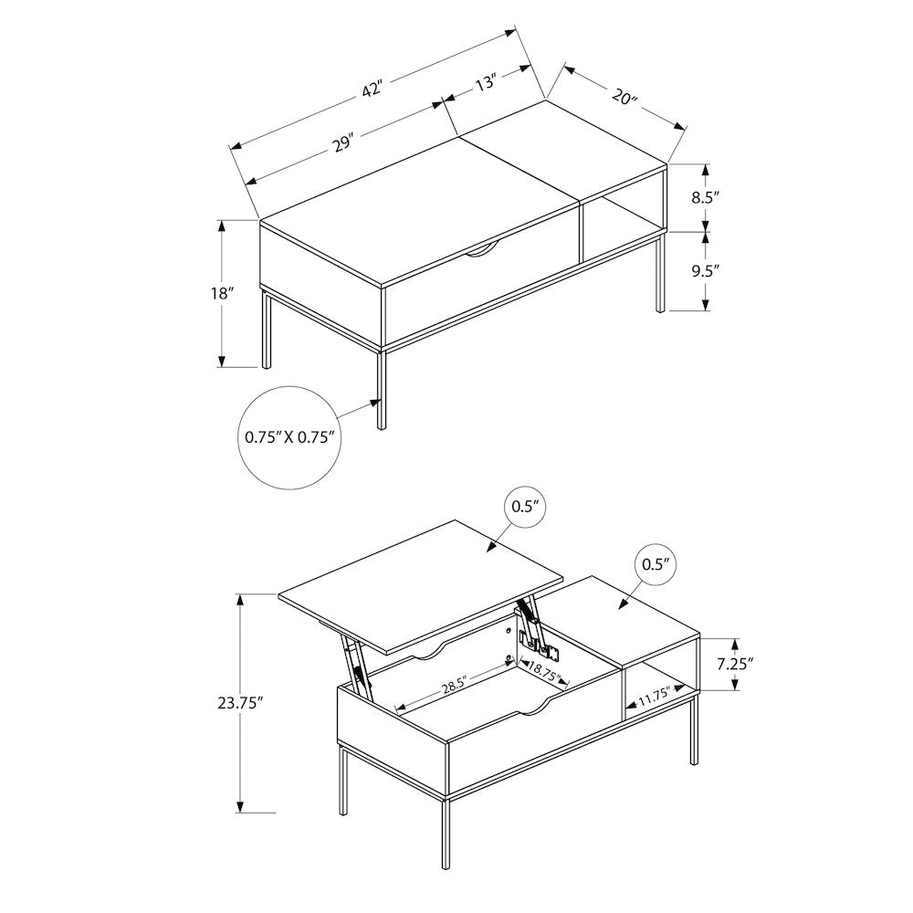 Coffee Table, 42 L, Rectangular, Cocktail, Lift-top, Washed Oak, Black Metal