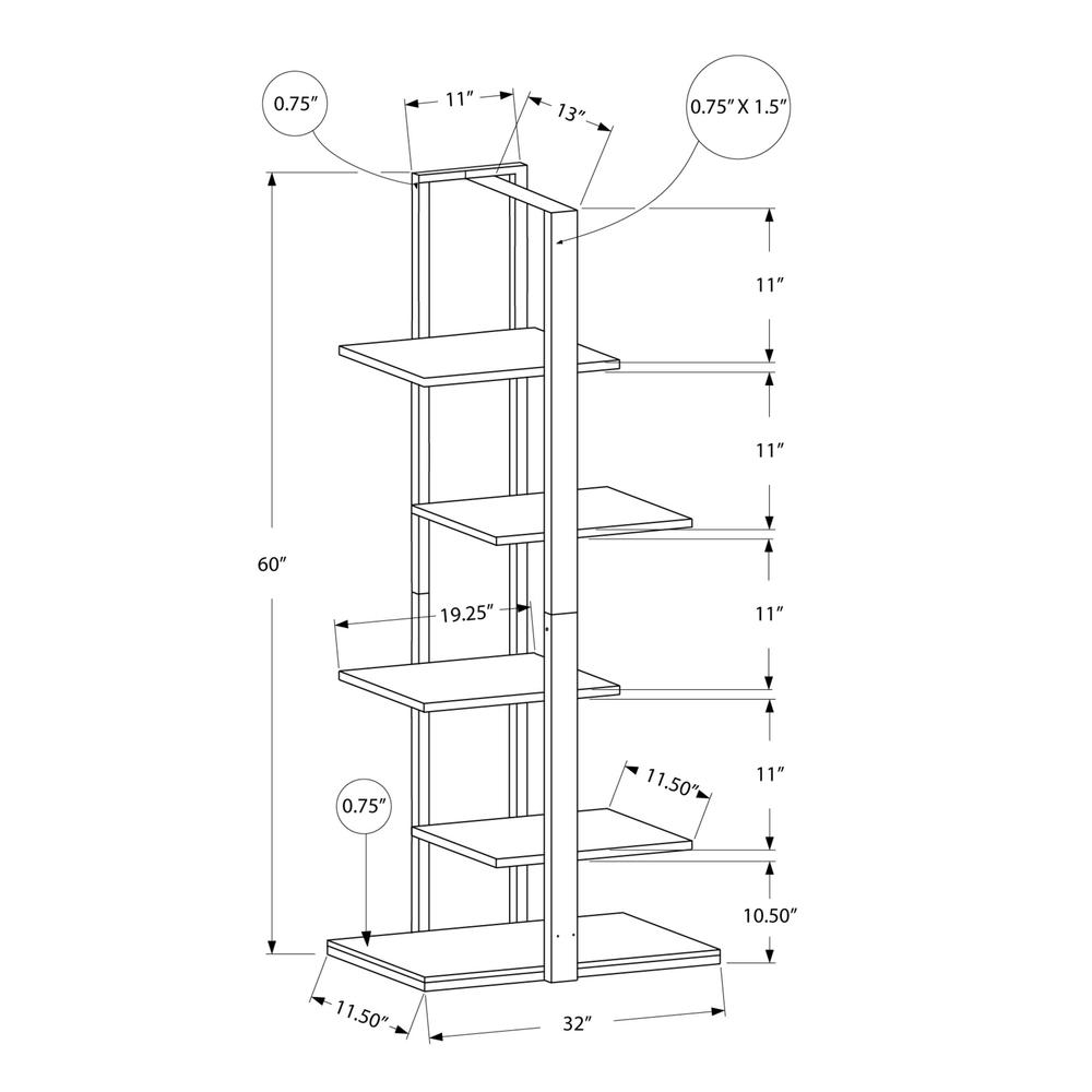 Bookshelf, Bookcase, Etagere, 5 Tier, 60H, Office, Bedroom, Brown Laminate