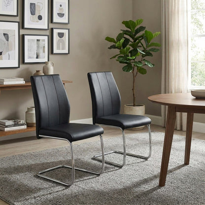 Leather-Look Upholstered Dining Chairs with Chrome Legs, Set of 2, Black