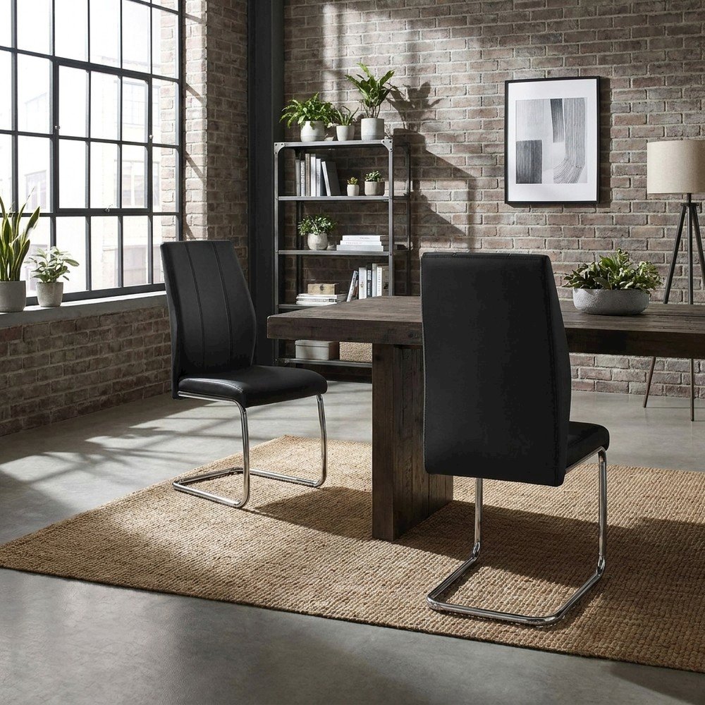Leather-Look Upholstered Dining Chairs with Chrome Legs, Set of 2, Black
