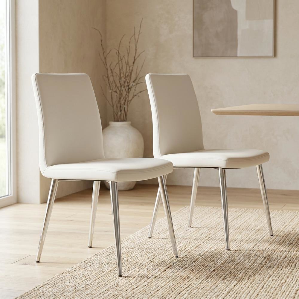 Leather-Look Upholstered Dining Chairs with Metal Legs, White, Set of 2