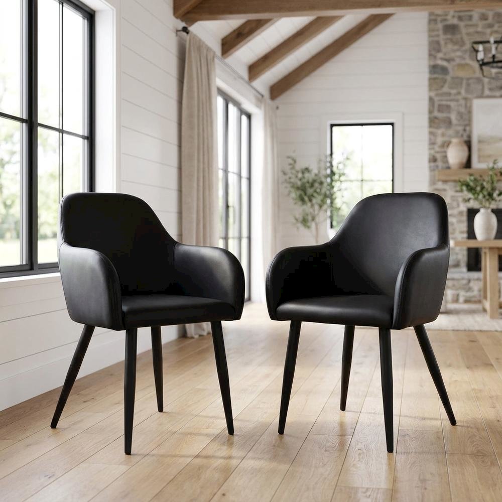 Leather-Look Upholstered Dining Chairs with Metal Legs, Black,Black, Set of 2