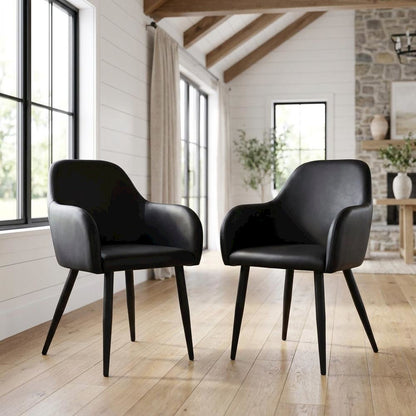 Leather-Look Upholstered Dining Chairs with Metal Legs, Black,Black, Set of 2
