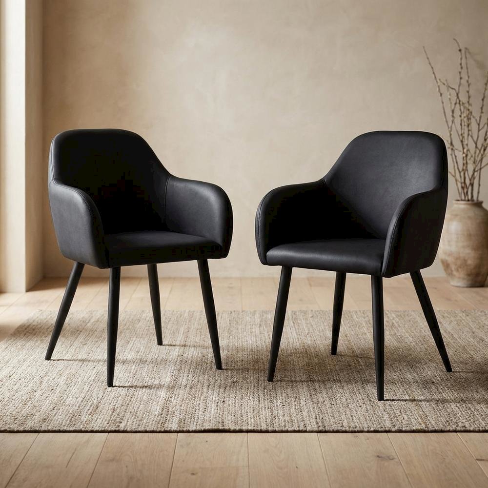 Leather-Look Upholstered Dining Chairs with Metal Legs, Black,Black, Set of 2