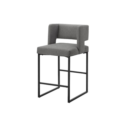 Barstool, Counter Height, Set Of 2, Grey Fabric, Black Metal