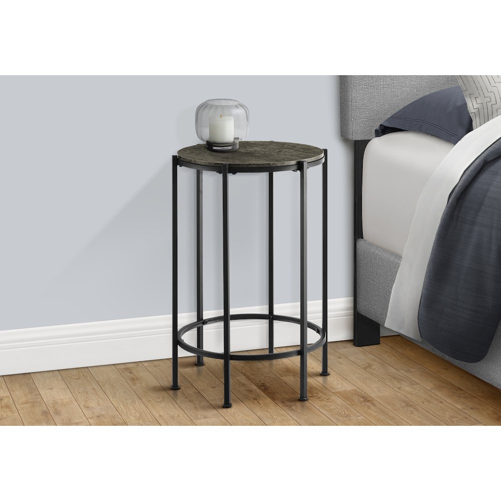 Accent Table, End, Round Dark Bronze Laminate, Black Metal, Contemporary