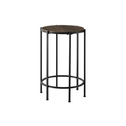 Accent Table, End, Round Dark Oak Laminate, Black Metal, Contemporary