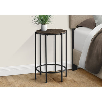 Accent Table, End, Round Dark Oak Laminate, Black Metal, Contemporary