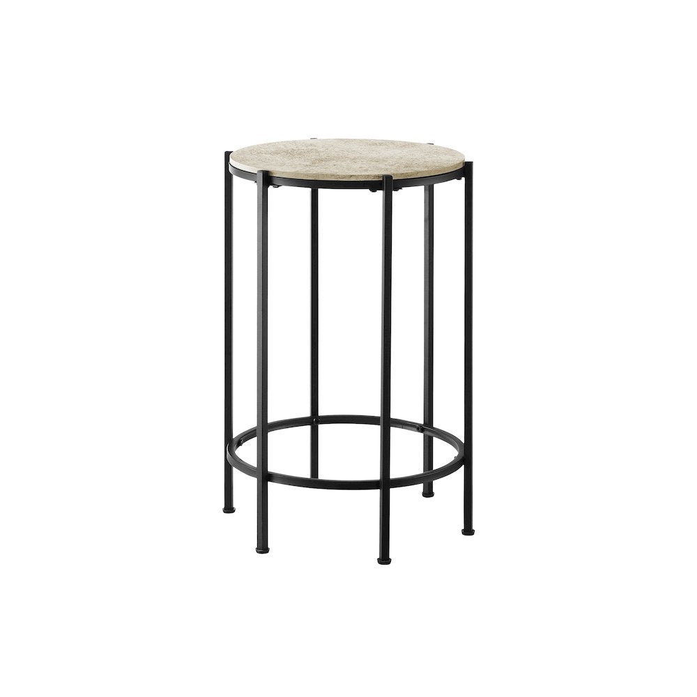 Accent Table, End, Round Cream Stone Laminate, Black Metal, Contemporary