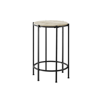 Accent Table, End, Round Cream Stone Laminate, Black Metal, Contemporary