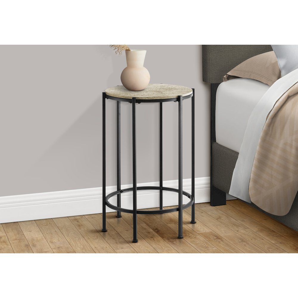Accent Table, End, Round Cream Stone Laminate, Black Metal, Contemporary